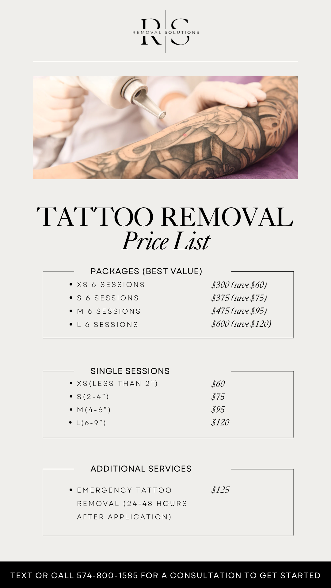 Removal Solutions pricing: single session and package pricing
